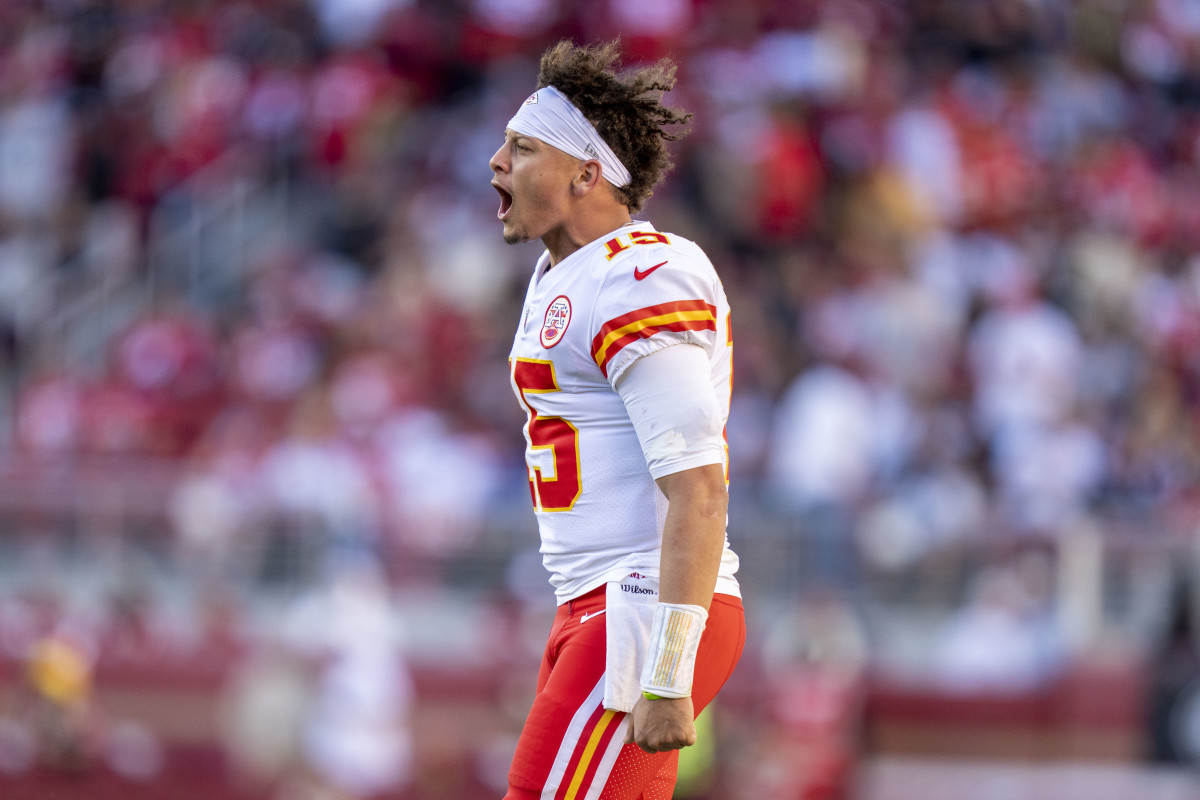 October 23, 2022; Santa Clara, California, USA; Kansas City Chiefs quarterback Patrick Mahomes (15) celebrates after a point-after-touchdown against the San Francisco 49ers during the fourth quarter at Levi's Stadium. Mandatory Credit: Kyle Terada-USA TODAY Sports
